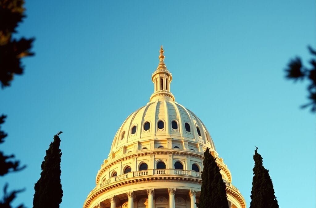 Dôme du Capitole de Californie photographié en contre-plongée sous un ciel bleu