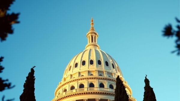 Dôme du Capitole de Californie photographié en contre-plongée sous un ciel bleu