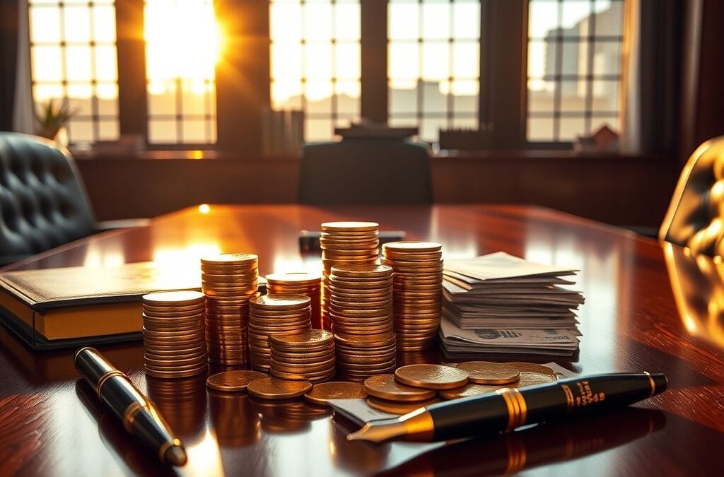 Piles de pièces et billets sur table de conférence en acajou