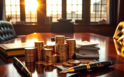 Piles de pièces et billets sur table de conférence en acajou