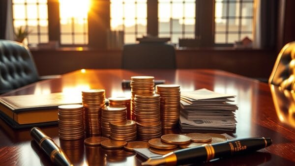 Piles de pièces et billets sur table de conférence en acajou