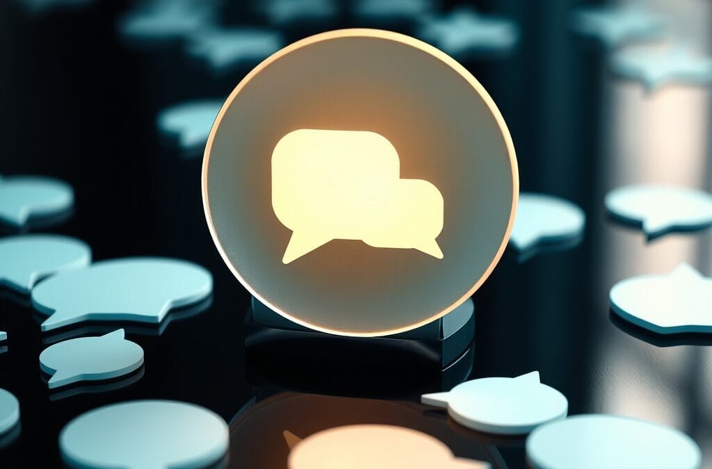 Icône de chatbot en verre givré entourée de bulles de conversation