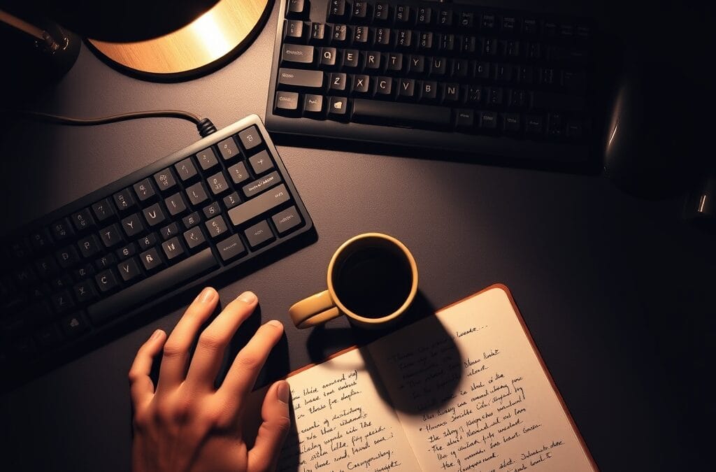 Bureau de développeur avec clavier mécanique éclairé par une lampe chaude