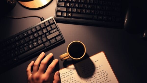 Bureau de développeur avec clavier mécanique éclairé par une lampe chaude
