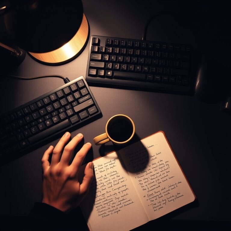 Bureau de développeur avec clavier mécanique éclairé par une lampe chaude