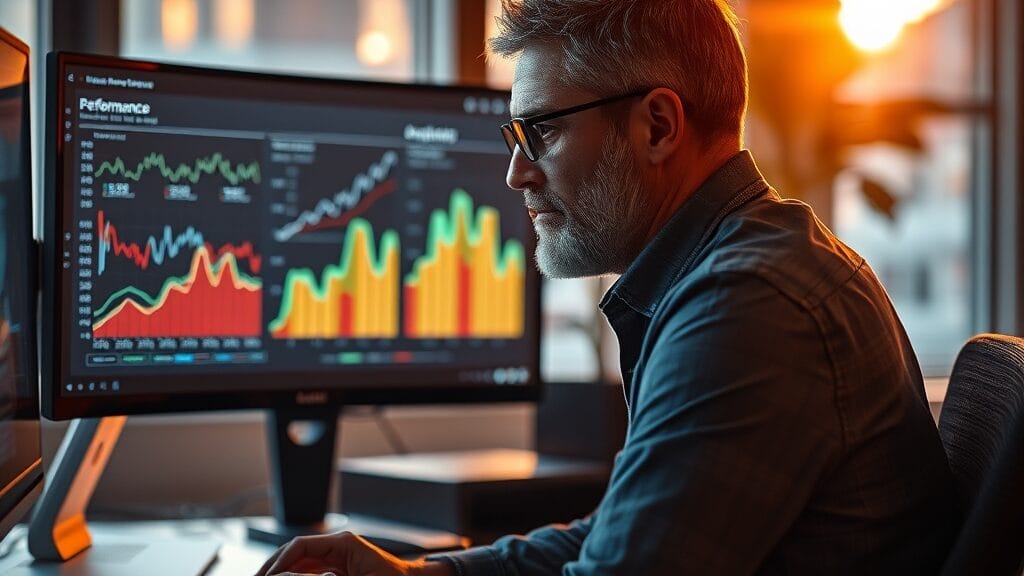 Développeur analysant des graphiques de performance dans un bureau moderne au coucher du soleil