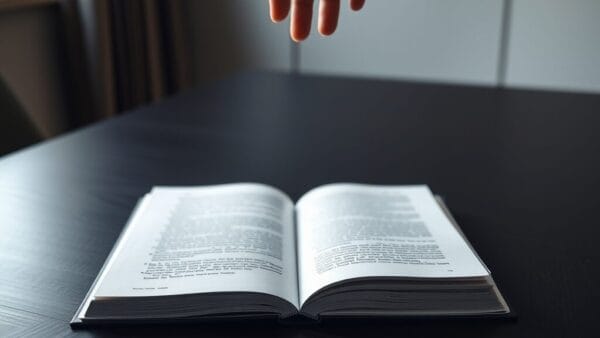 Livre ouvert sur une table de réunion en bois sombre, éclairé à la lumière naturelle du matin, évoquant un cadre réglementaire institutionnel