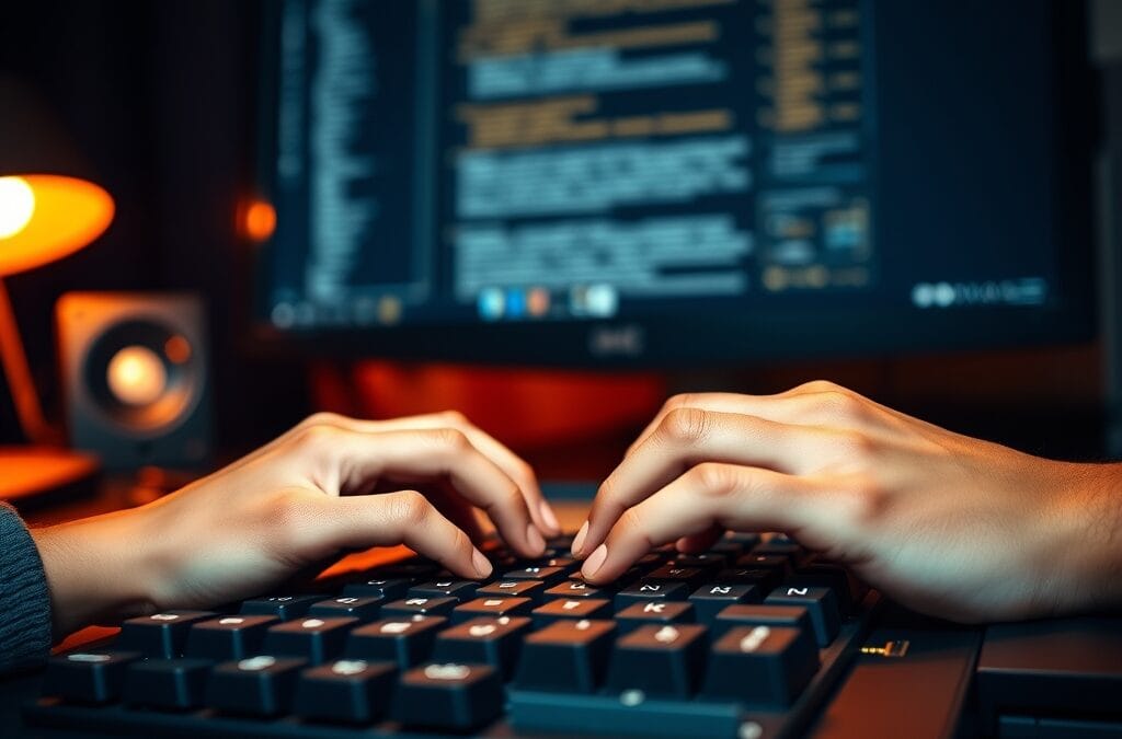 Mains tapant sur un clavier mécanique rétroéclairé en ambre