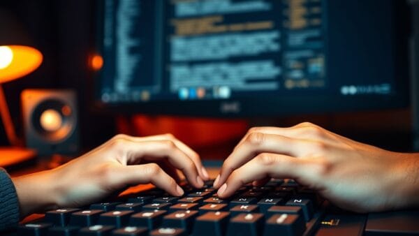 Mains tapant sur un clavier mécanique rétroéclairé en ambre