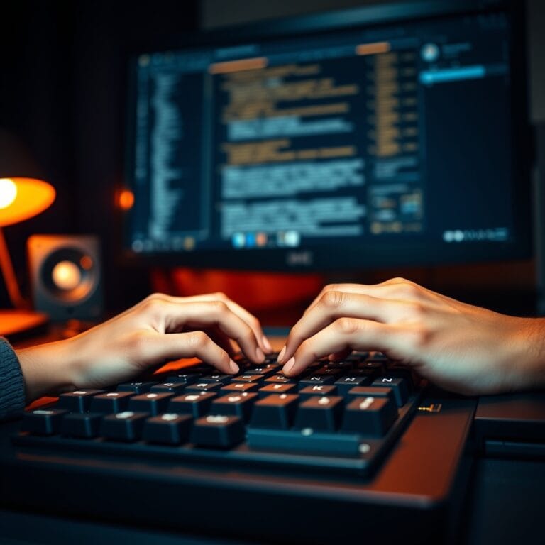 Mains tapant sur un clavier mécanique rétroéclairé en ambre
