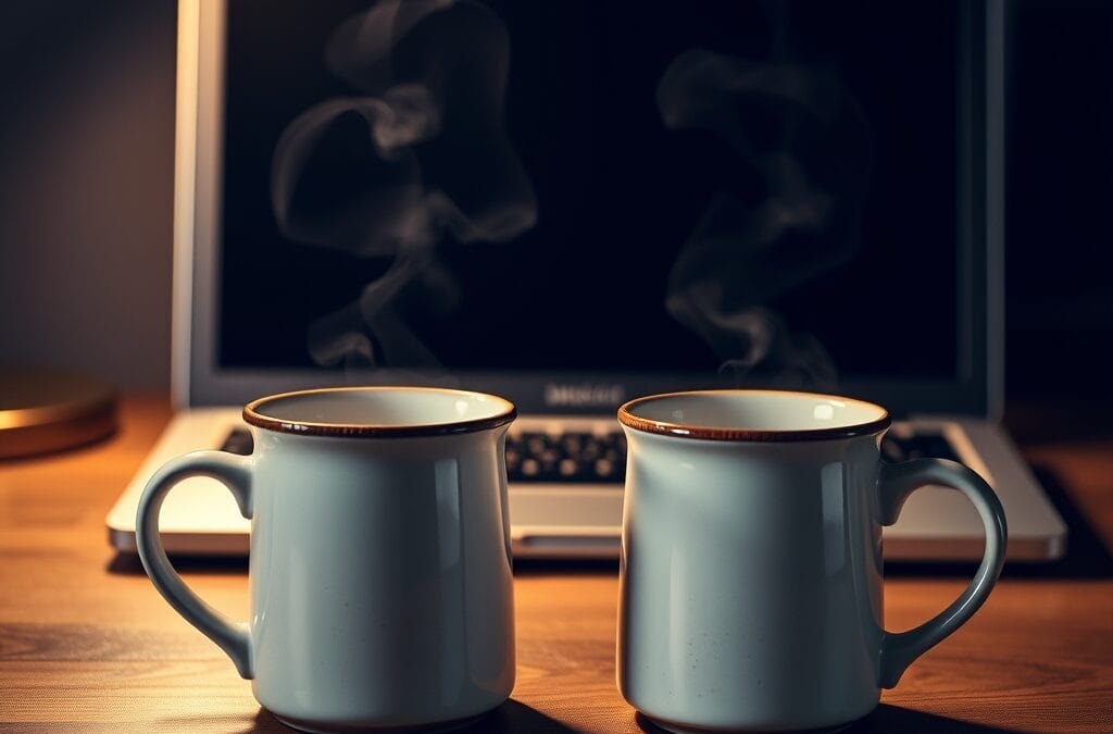 Deux tasses côte à côte sur bureau devant un ordinateur portable fermé