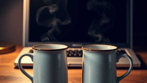 Deux tasses côte à côte sur bureau devant un ordinateur portable fermé