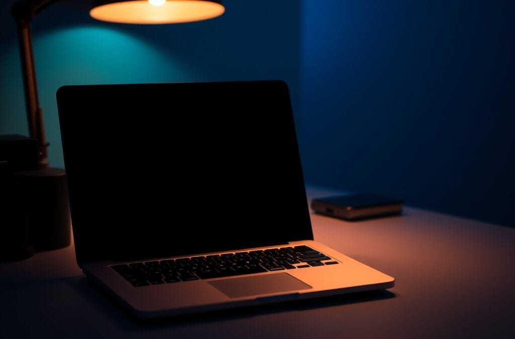 Bureau minimaliste avec ordinateur portable et lumière de notification dans l'obscurité