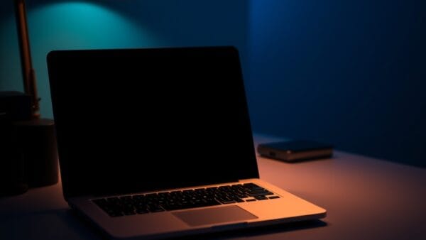 Bureau minimaliste avec ordinateur portable et lumière de notification dans l'obscurité