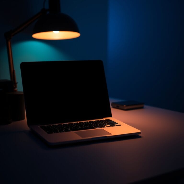 Bureau minimaliste avec ordinateur portable et lumière de notification dans l'obscurité