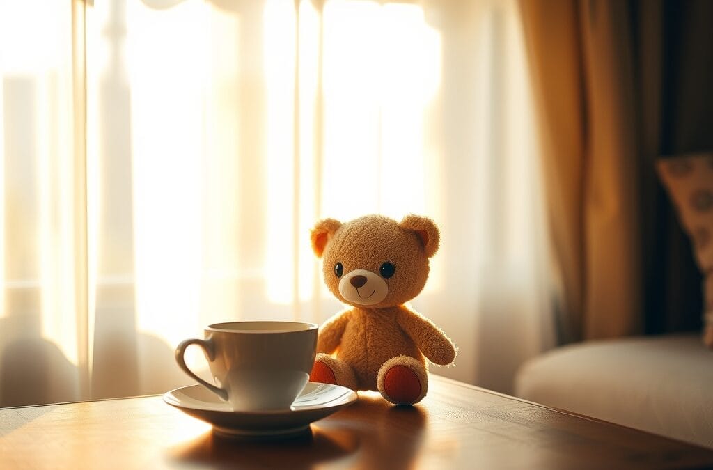 Peluche robotique posée sur une table de chevet dans un appartement ensoleillé