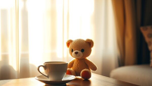 Peluche robotique posée sur une table de chevet dans un appartement ensoleillé