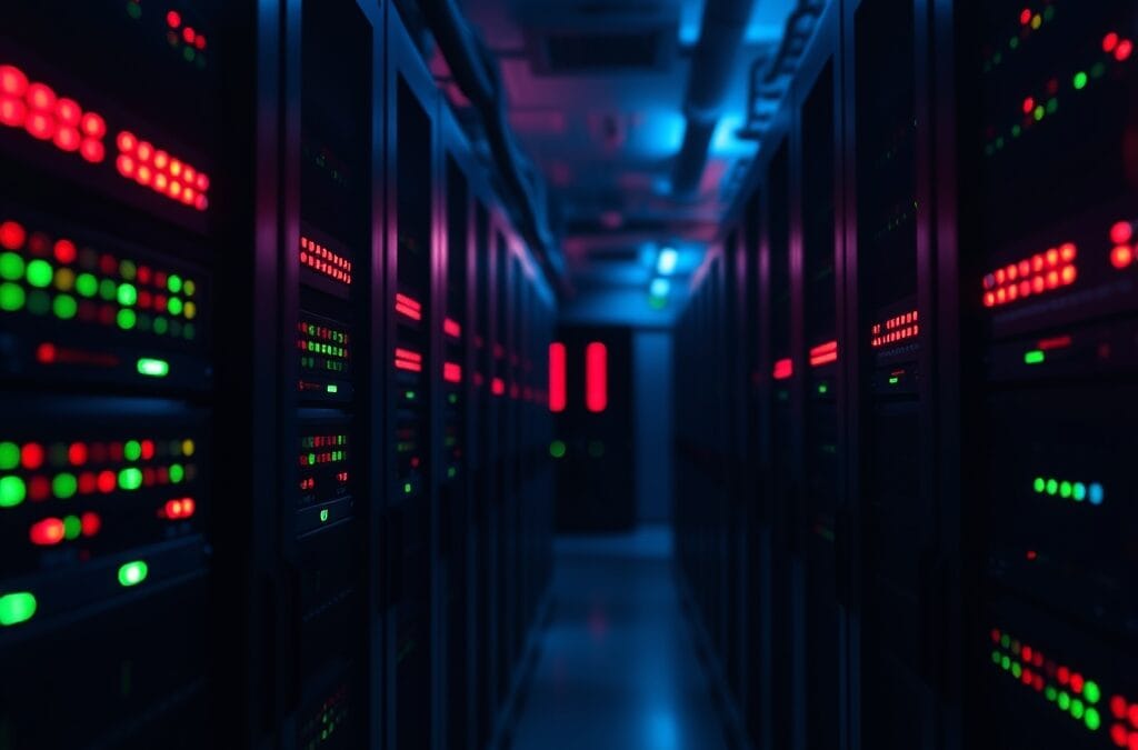 Salle serveur avec LED rouges et vertes clignotant sur des équipements en rack dans un couloir sombre