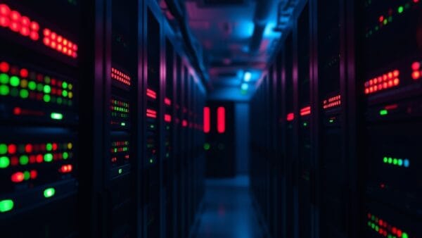 Salle serveur avec LED rouges et vertes clignotant sur des équipements en rack dans un couloir sombre