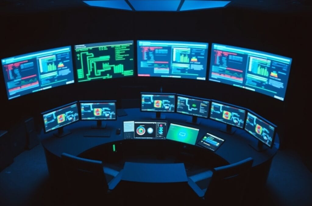 Centre d'opérations de sécurité numérique avec moniteurs incurvés affichant des flux de données dans une pièce sombre