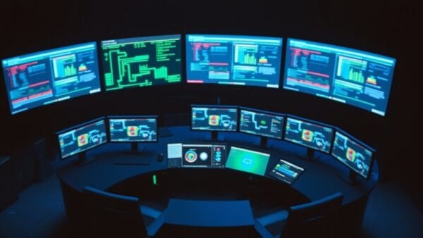 Centre d'opérations de sécurité numérique avec moniteurs incurvés affichant des flux de données dans une pièce sombre