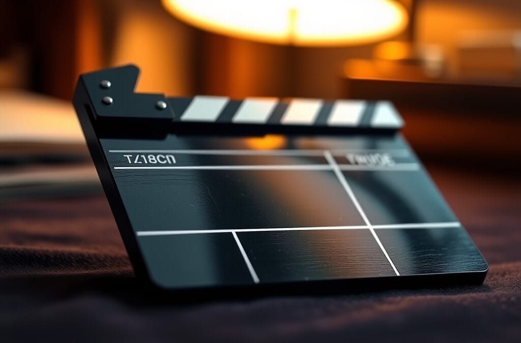 Clap de cinéma en bois sombre, moitié net moitié flou, symbolisant la frontière floue entre vrai et deepfake