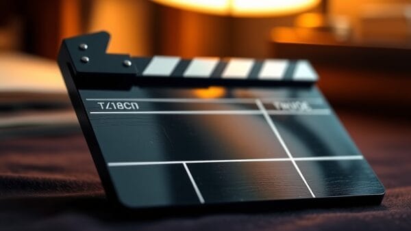 Clap de cinéma en bois sombre, moitié net moitié flou, symbolisant la frontière floue entre vrai et deepfake