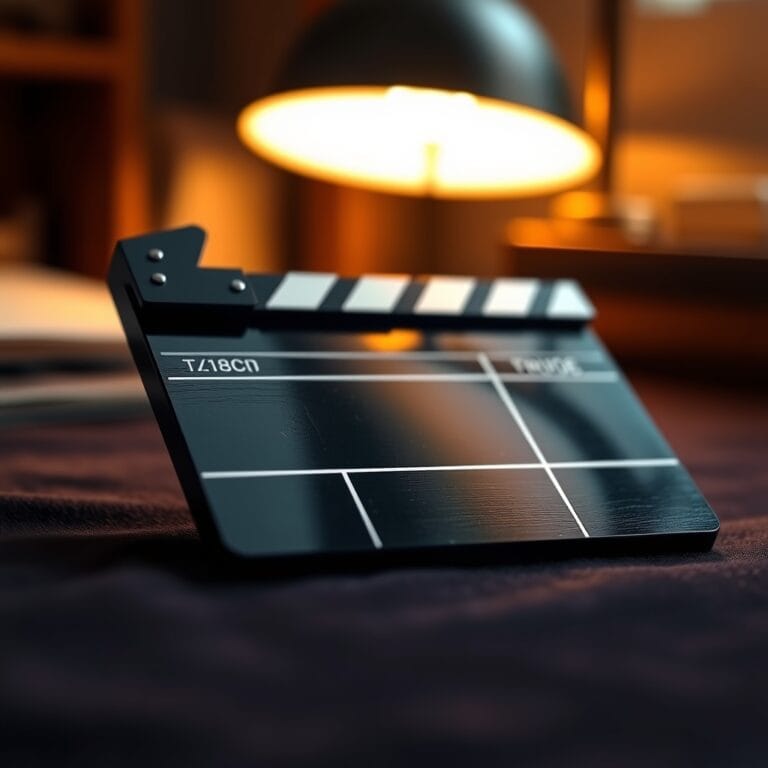 Clap de cinéma en bois sombre, moitié net moitié flou, symbolisant la frontière floue entre vrai et deepfake