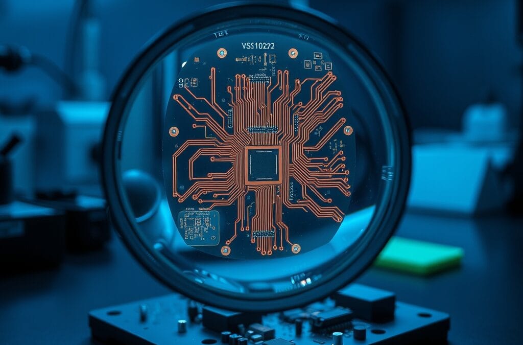 Loupe au-dessus d'un circuit imprimé révélant des composants électroniques