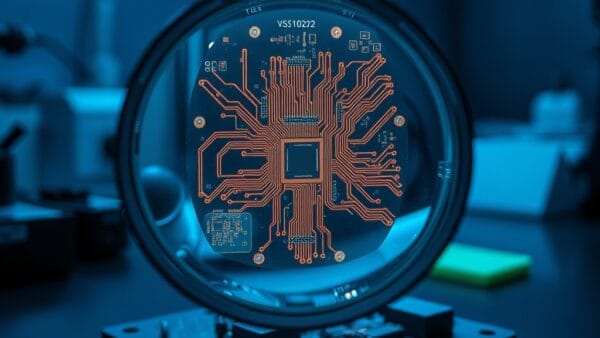 Loupe au-dessus d'un circuit imprimé révélant des composants électroniques