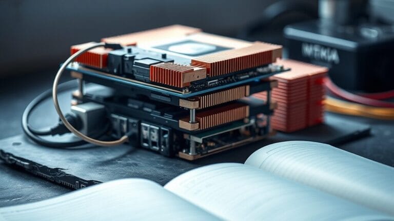 DeepSeek V4 : 1,6T paramètres et 1M tokens en open source 3 Empilement de cartes mères et dissipateurs en cuivre sur un plan de travail en ardoise sombre