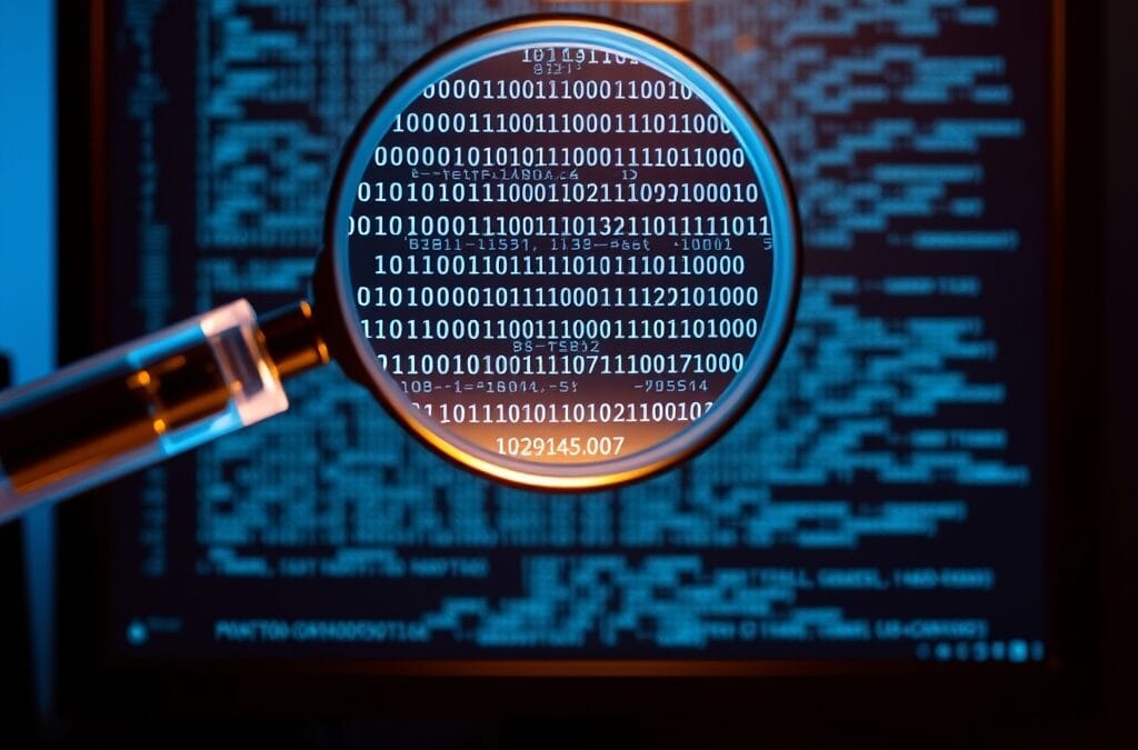 Loupe numerique analysant du texte pour detecter du contenu genere par IA