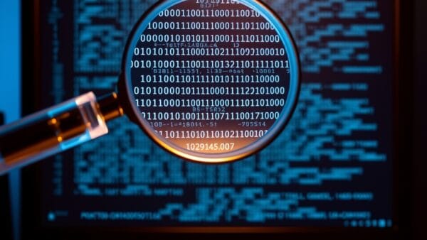 Loupe numerique analysant du texte pour detecter du contenu genere par IA