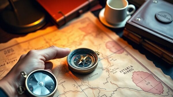 Boussole à main posée sur une carte en parchemin ancien à côté d'une tasse de porcelaine