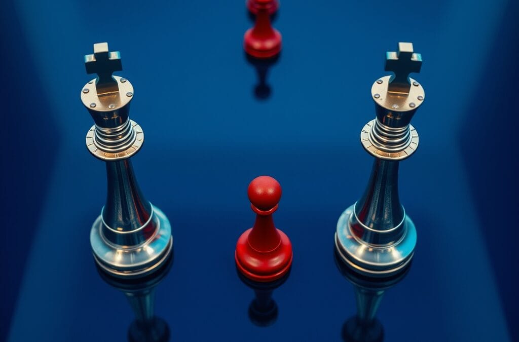 Trois rois d'échecs en acier face à un pion isolé, symbolisant l'alliance des laboratoires d'IA contre la distillation chinoise