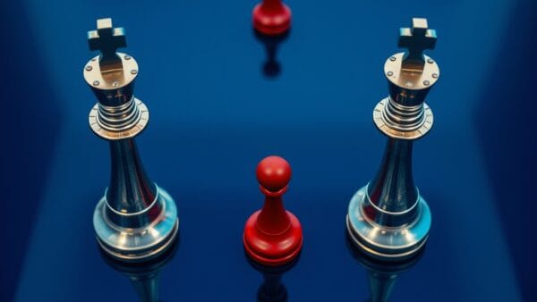 Trois rois d'échecs en acier face à un pion isolé, symbolisant l'alliance des laboratoires d'IA contre la distillation chinoise