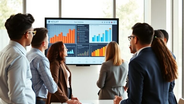 Équipe en réunion analysant des graphiques d'adoption de l'intelligence artificielle