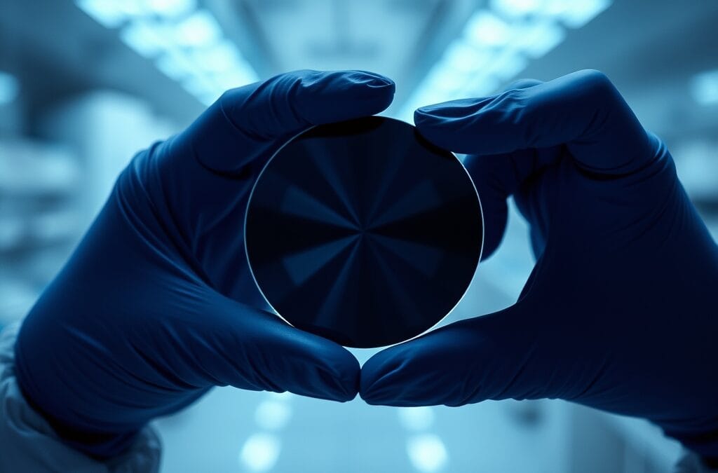 Wafer de silicium tenu par des mains gantées dans un environnement de laboratoire