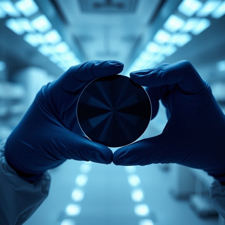 Wafer de silicium tenu par des mains gantées dans un environnement de laboratoire