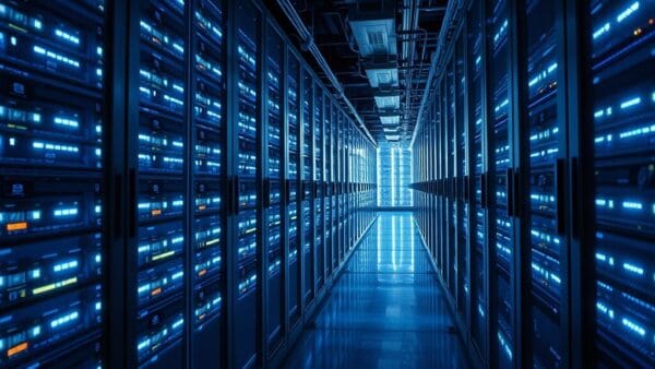 Vue en plongée des couloirs lumineux d'un data center moderne