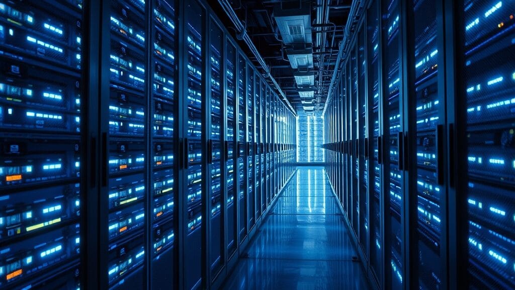 Vue en plongée des couloirs lumineux d'un data center moderne