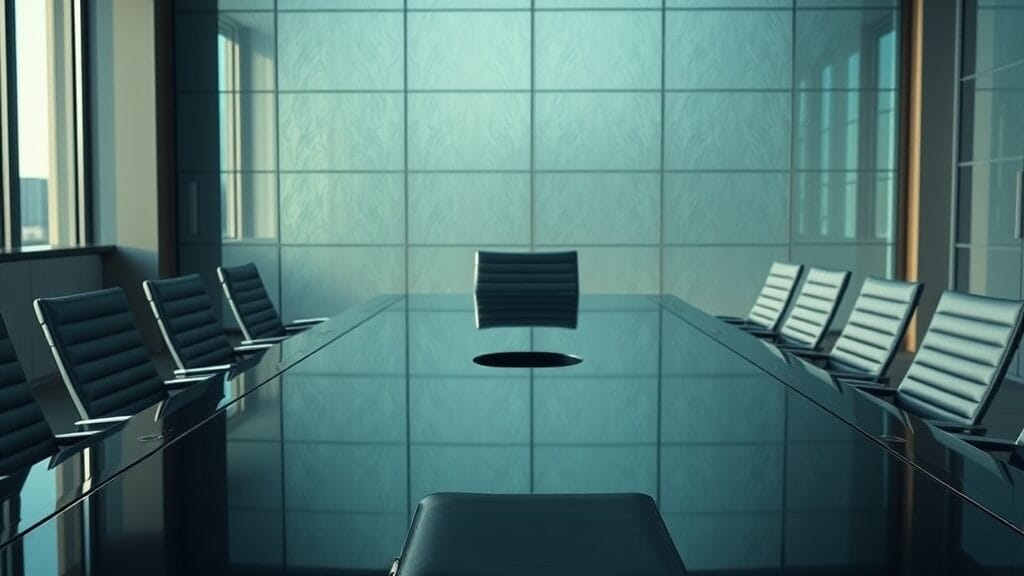 Salle de conférence d'entreprise au lever du jour, table en verre et écrans