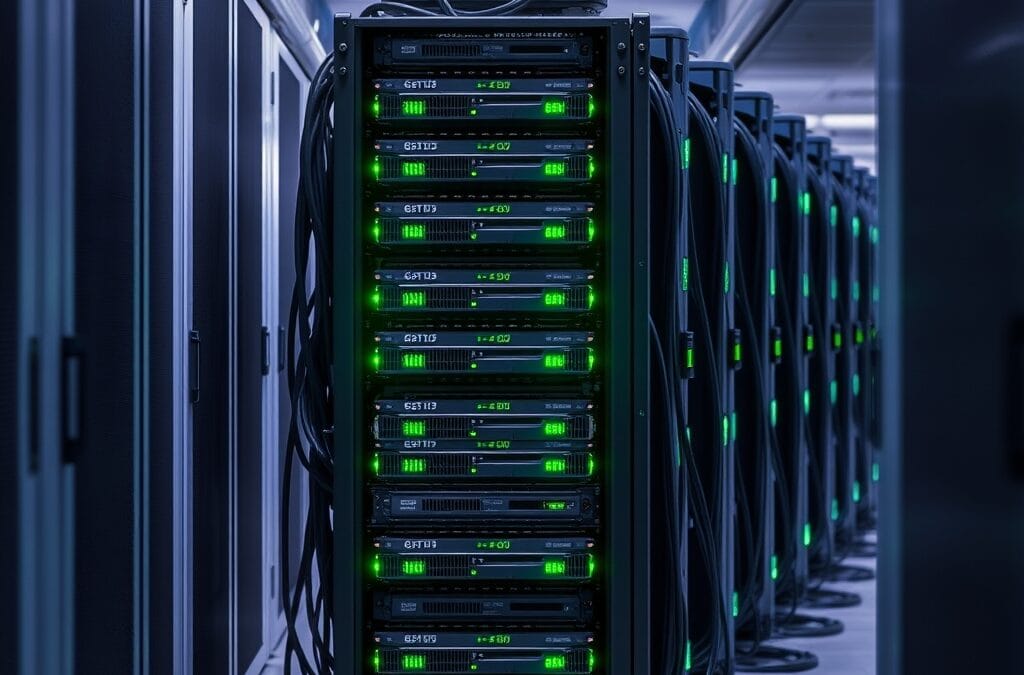 Rack de serveurs GPU dans un data center moderne, illustrant le déploiement de modèles IA open source comme GLM-5.1