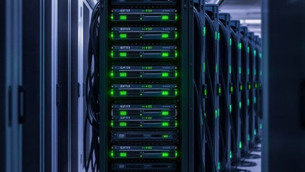 Rack de serveurs GPU dans un data center moderne, illustrant le déploiement de modèles IA open source comme GLM-5.1