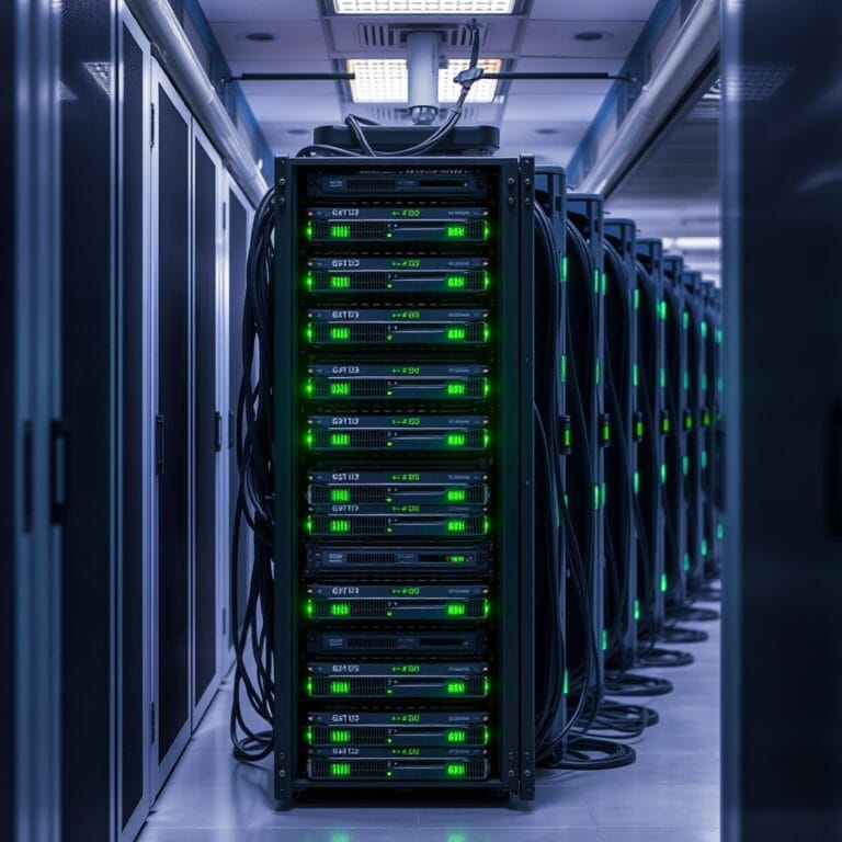Rack de serveurs GPU dans un data center moderne, illustrant le déploiement de modèles IA open source comme GLM-5.1
