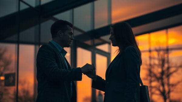 Deux dirigeants se serrent la main devant un siège technologique au crépuscule