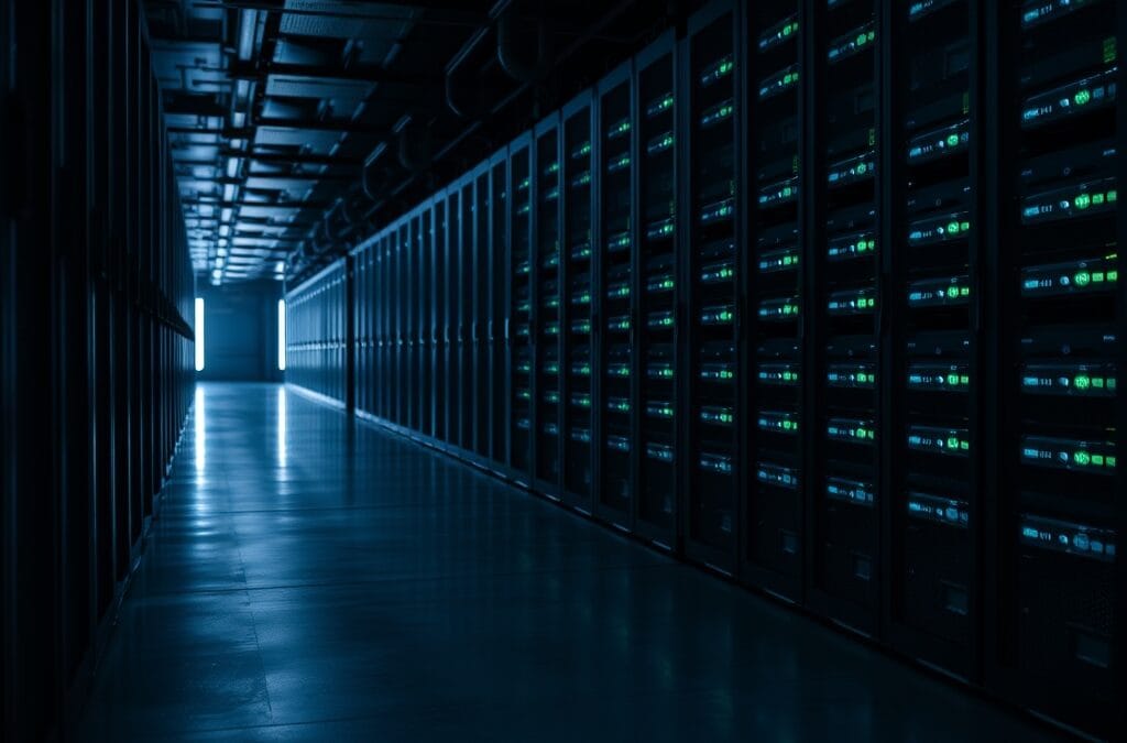 Couloir sombre d une salle de serveurs avec rangées de racks et indicateurs LED bleus et verts