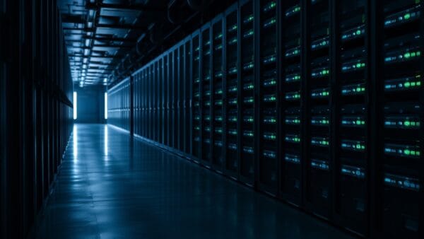 Couloir sombre d une salle de serveurs avec rangées de racks et indicateurs LED bleus et verts