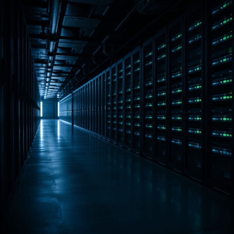 Google déploie des agents Gemini pour traquer les menaces sur le dark web 12 Couloir sombre d une salle de serveurs avec rangées de racks et indicateurs LED bleus et verts
