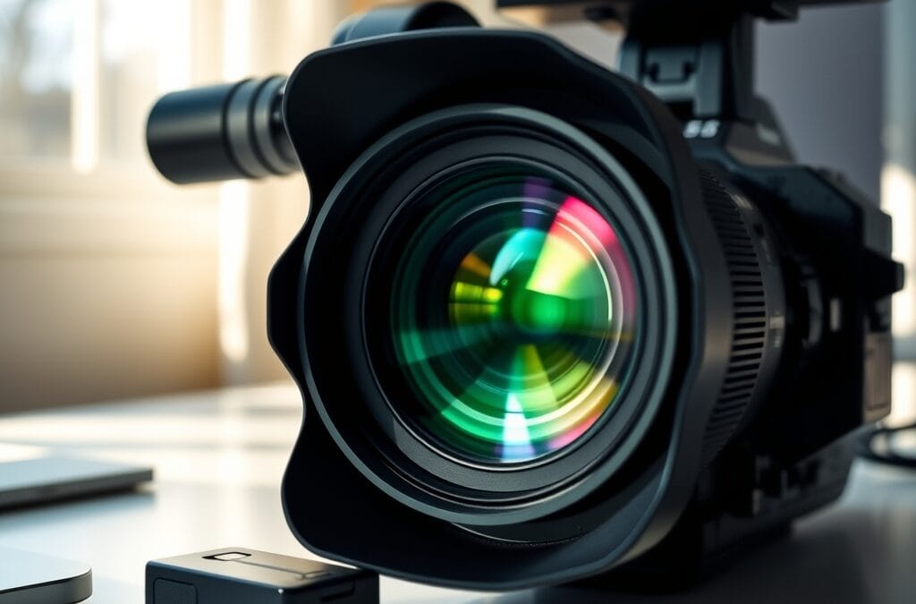 Objectif de caméra vidéo professionnelle avec reflets colorés sur un bureau blanc